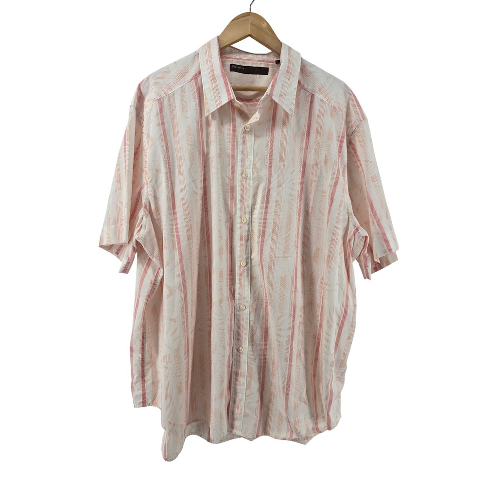 Perry Ellis Button Front Shirt Mens 2X Pink White Striped Tropical Leaf‎ Cotton